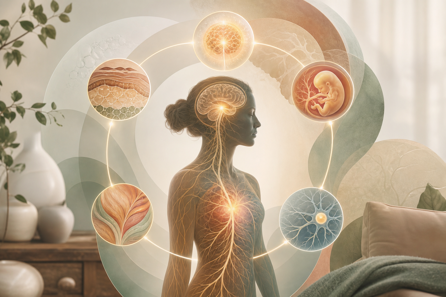 Ilustración sobre la conexión entre emociones, cerebro y cuerpo en las 5 Leyes Biológicas