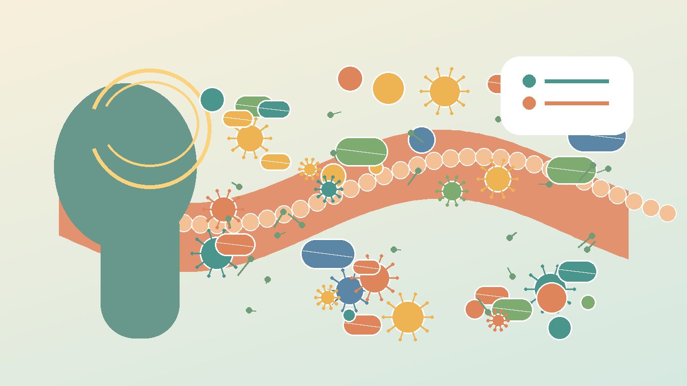 Ilustración editorial sobre microbios y reparación biológica