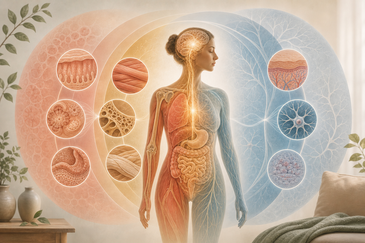 Ilustración sobre la Tercera Ley Biológica, las capas embrionarias y la respuesta de los tejidos del cuerpo